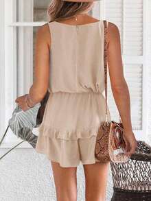 Mono playero de verano para mujer, estilo playero, con escote en V, cintura alta, diseño fluido con volantes y shorts en capas. - Beis - Ver 2