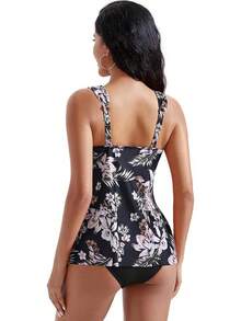 Traje de baño tankini con volantes de cintura alta y control de abdomen para tallas grandes - Floral negro - Ver 5
