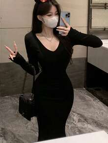 女士性感V领修身隐形甜美清凉紧身鱼尾裙 - 黑色 - 查看 6