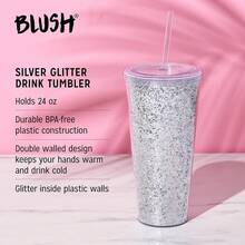 Glam Silver Vaso de doble pared con purpurina de 24 onzas por Blush |   Reutilizable, a prueba de fugas, viajes, plástico transparente, delgado, de café helado con sello de silicona, tapa atornillada y pajita - Plateado - Ver 10