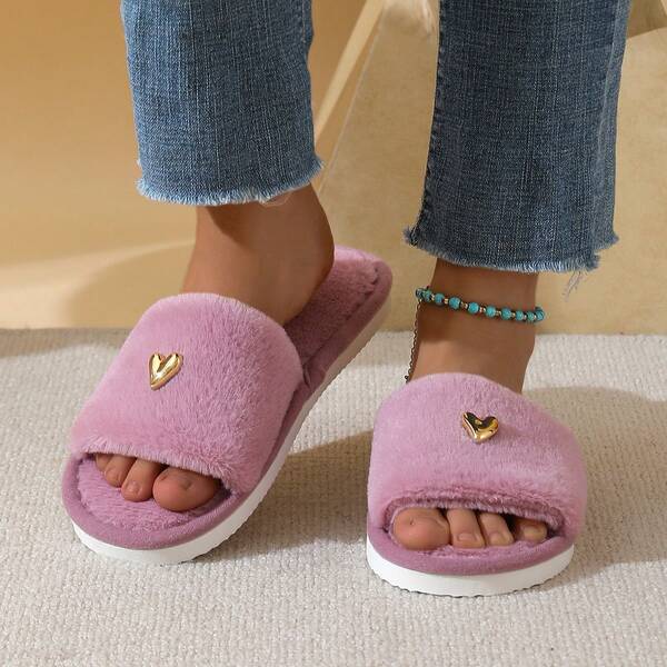 Fashionable Heart Decor Plush Slippers For Women, Soft Comfortable Lightweight Sole, Suitable For Living Room And Bedroom, All Seasons