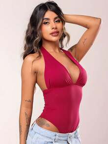 Women's Bodysuit, Plunging Neckline, Polyamide, Halter Neck, Multi-Shape – Elegant Blogger Fashion - 酒紅色 - 查看 3