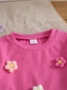 2 件女童休闲花卉装饰圆领长袖运动衫和裤子套装，春秋 - 玫紅色 - 查看 3