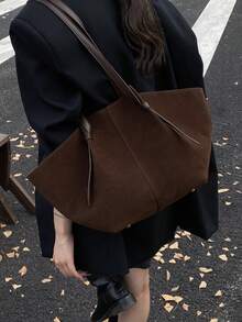 Túi Tote Hình Thang Dung Tích Lớn, Túi Xách Đi Làm Bằng Da Lộn Cổ Điển Châu Âu Và Mỹ Mới, Túi Đeo Vai, Giỏ Hàng - Cà phê nâu - Xem 4