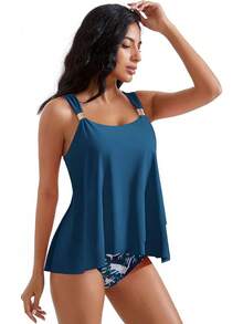High Waisted Ruffle Tankini Swimsuit Plus Size Tummy Control - Blue Floral - View 4