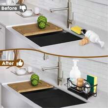 Porte-éponge/organisateur de lavabo avec plateau autonettoyant, support d'éponge, étagère de rangement pour lavabo avec crochet pour torchon, porte-ustensiles de vaisselle pour le rangement et l'organisation de la cuisine sur le plan de travail (noir)