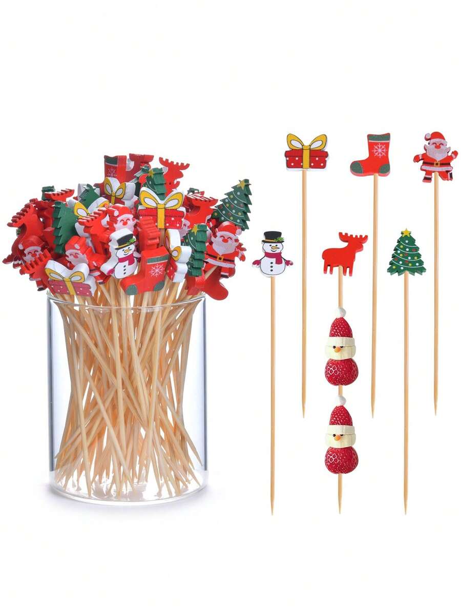 100/50pcs Christmas Toothpick Set, Suitable For Appetizers, 4.7 Inch Natural Bamboo Skewers, Applicable For Christmas, Winter Holiday Parties, Valentine's Day, New Year Cakes, Desserts, Fruits, Christmas Party Decor