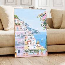 1pc, Canvas Framed Wall Art, Positano Coast Artwork, Pink Villa Decorative Painting, Mediterranean Style Decor, Italian Coastal Scenery, Folk Art Style, Spring Wall Art, Fashionable Home Decor, Room Decor, Bedroom Decor, Dormitory Decor, Living Room Decor