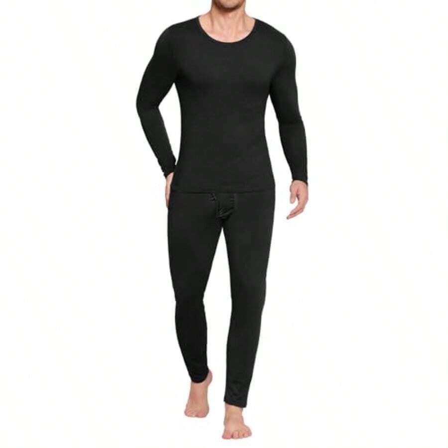 NEW-Men's Long Johns Thermal Underwear Micro Soft Fleece Lined Base Layer Set Cold Weather Warm Underwear Top And Bottom - Black - View 1