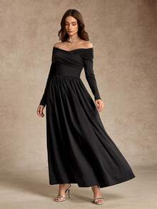 Women's Elegant Solid Color Off-Shoulder Long Sleeve Dress, Early Autumn - Black - View 4
