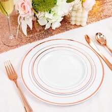 50/25/20/10/5pcs Reusable Washable White Round Rose Gold Rim Plates, Party Plates, Salad Plates, 10.25" And 7.5" Dinner Plates, Suitable For Christmas Gifts, Family Gatherings, Parties, Outdoor, Weddings, Restaurants, Kitchen