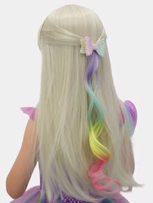 Pasadores de lazo grandes y pequeños en morado, verde, amarillo y rosa con cabello rizado. Lazo grande completamente cubierto de lentejuelas brillantes, lazo pequeño completamente cubierto de brillo fino