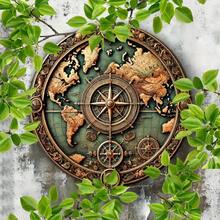 1pc 7.87 X 7.87 Inch Metal World Map & Compass Circular Wall Decor - Vintage Nautical Style Wall Art, Coated Engraved Metal Tin Plaque Suitable For Home, Office, Bedroom, Living Room, Cafe, Random Style,Home Decor ,Room Decor,Wall Decor Gifts Birthday Graduation - 彩色 - 查看 4