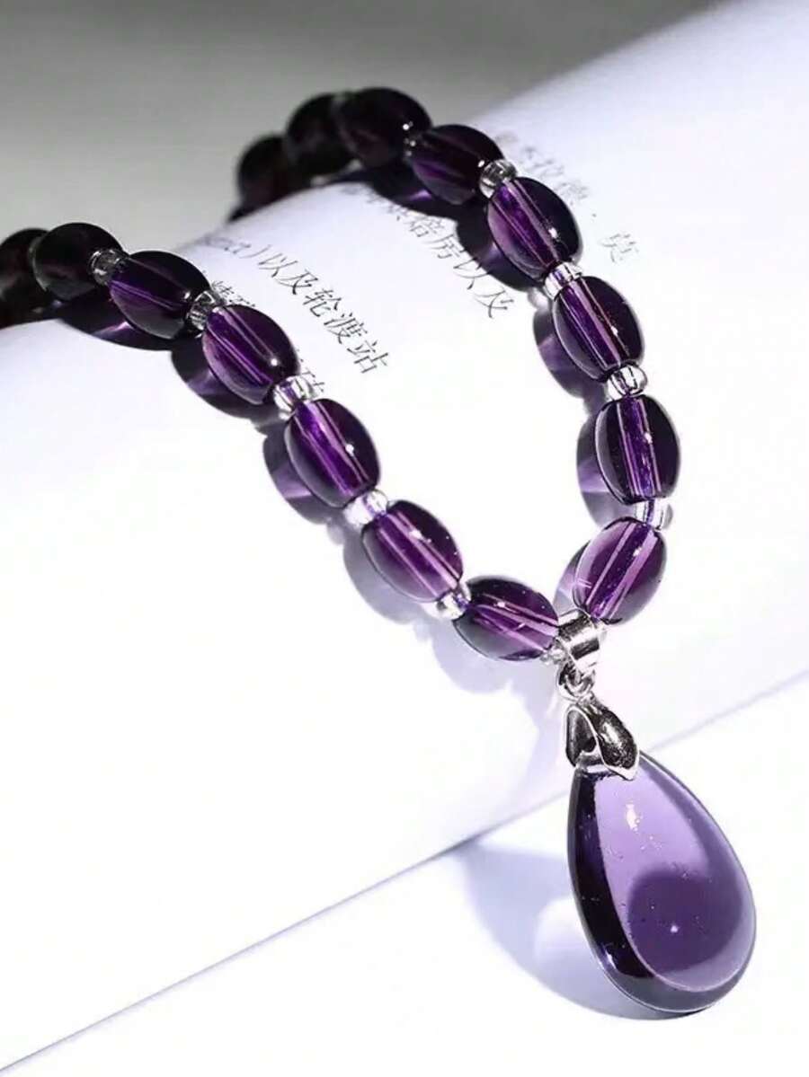 1 pieza Collar con colgante de lágrima de amatista clásico, cadena de clavícula, regalo de cumpleaños/festividad, pequeño regalo para transmisión en vivo en línea - Multicolor - Ver 1