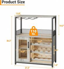 Belect Bar Cabinet, Wine Rack Cabinet With Detachable Wine Rack, Adjustable Shelves Coffee Bar Cabinets With Mesh Door And Baffle Design, 36 In Tall, For Home, Kitchen, Dinning Room - Grey - View 3