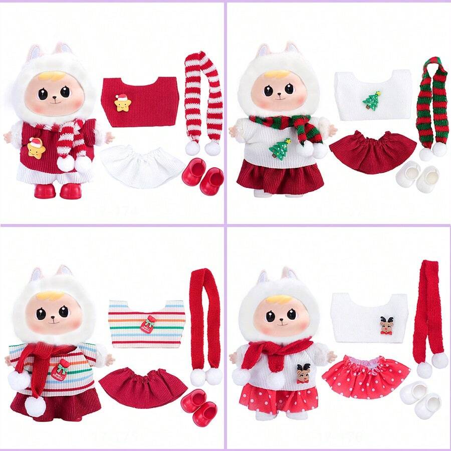 17厘米拉布布娃娃圣诞装，纯色心形刺绣毛衣+牛仔裤+纯色系带帆布鞋套装，第一代/第二代娃娃吊坠配饰，适合青少年、万圣节和圣诞派对（不含娃娃）
