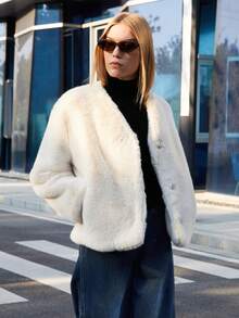 Plus Size Women Front Open Faux Fur Collar Long Sleeve Jacket, Business Commute Coat For Winter