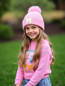 1pc Knitted Hat With Pom Pom For Baby Boys, Girls, Children, Minimalist Style Winter Beanie, Suitable For Outdoor Activities And Daily Commute