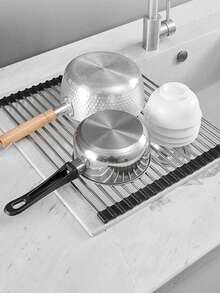 1 件不锈钢可扩展碗碟干燥架，位于水槽上方，碗碟干燥沥水板，颜色为黑色和灰色，带可调节臂，功能性厨房水槽黑色收纳架，适用于蔬菜水果炊具套装，适用于厨房浴室，新年圣诞节礼物