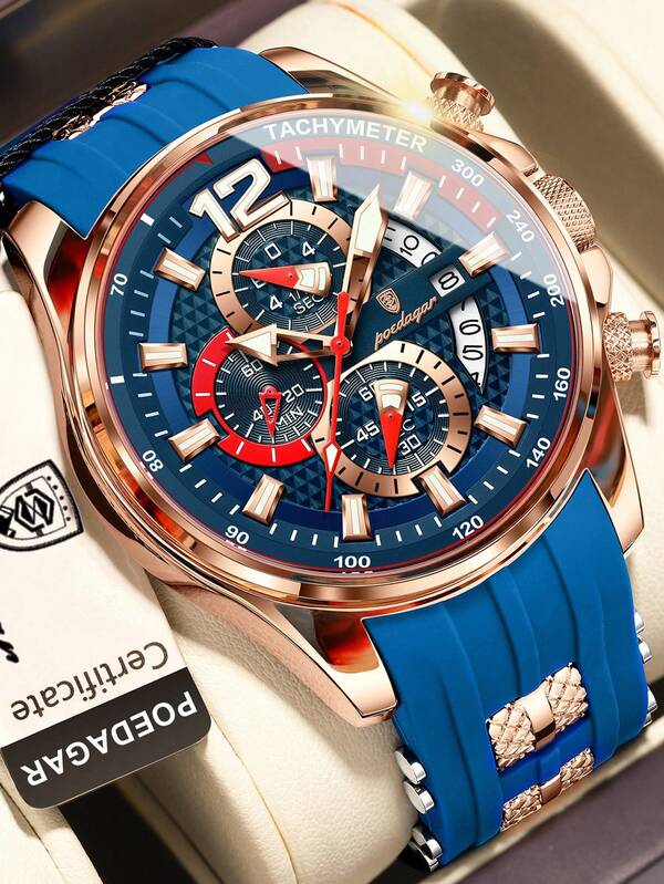 POEDAGAR 1pc Sports Waterproof Luminous Silicone Strap Men's Quartz Watches, Casual Date Chronograph Wristwatch For Men, Fashion Man Watch Suitable For Daily Occasions, Men Gifts