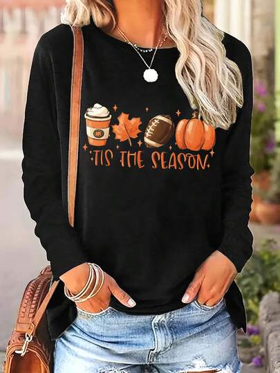 Camiseta casual de mujer de cuello redondo de manga larga, top de béisbol con calabaza de otoño, top "Es la temporada", ropa de Halloween, ropa de mujer de otoño