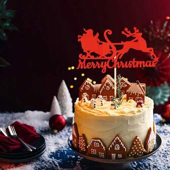 Red Santa Claus On Sleigh With Reindeer Christmas Cake Topper