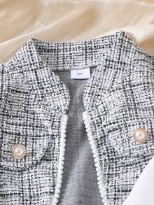 3 pièces Ensemble fille comprenant : veste longue élégante à fleurs et dentelle, Top à manches longues de couleur unie, et jupe. Automne/Hiver