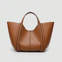 1 件新款纯色 PU 时尚托特包，女士手提包，单肩包，简约通勤多功能大容量手提包，高品质时尚女学生单肩包 - 棕色 - 查看 12