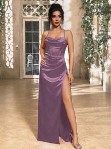 女士优雅紫色缎面细肩带褶饰后系带开衩连衣裙，适合宴会、派对、婚礼伴娘 - 紫色 - 查看 4