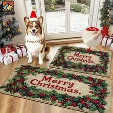 1 pieza Alfombra antideslizante para baño con diseño de bayas de acebo navideño, hecha de material de cachemir sintético con decoración esponjosa, adecuada para baños, entradas, cocinas y otras ocasiones. Se puede lavar a máquina. Es una decoración festiva y se puede regalar.