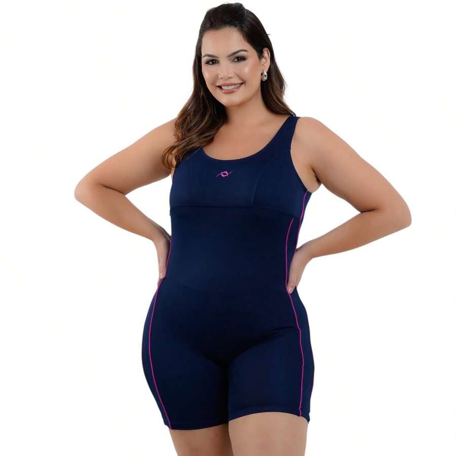 Nexis Plus Size Jumpsuit Swimsuit With Legs For Swimming And Water Aerobics - Angkatan Laut/Merah Muda - View 1