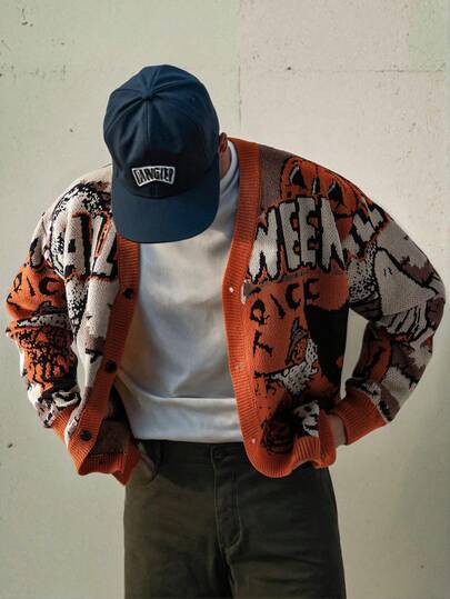 男士休闲宽松简约万圣节主题卡通字母印花V领长袖开衫毛衣，秋冬款