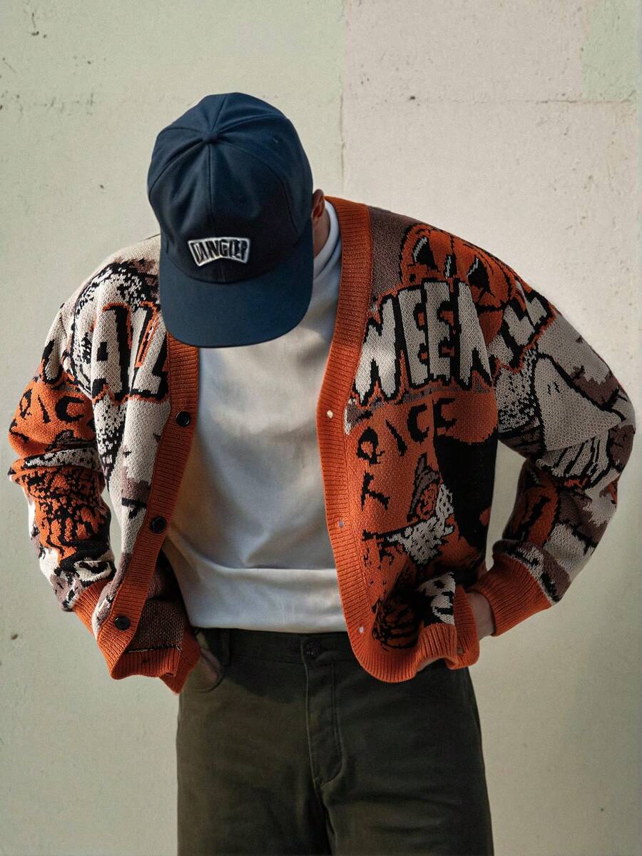 Men's Casual Loose Minimalist Halloween Themed Cartoon & Letter Print V-Neck Button-Up Long Sleeve Cardigan Sweater, Autumn/Winter