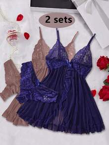 SOFUSEN 2 pezzi/Set Lingerie sexy da donna, in tessuto di rete, camicia da notte con spalline sottili, adatta per casa, hotel, San Valentino e altre occasioni, camicia da notte sexy, biancheria intima sexy - Multicolore - Visualizzare 9