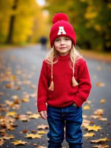 1 件针织帽，带绒球，适合男婴、女婴、儿童，简约风格冬季无檐小帽，适合户外活动和日常通勤 - 紅色 - 查看 3