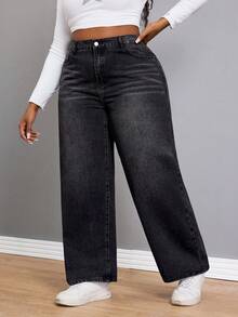 Elegant Straight Leg High Waist Black Jeans Daily Casual Outfit For Plus Size Women Wide Leg Affordable Denim Long Pants