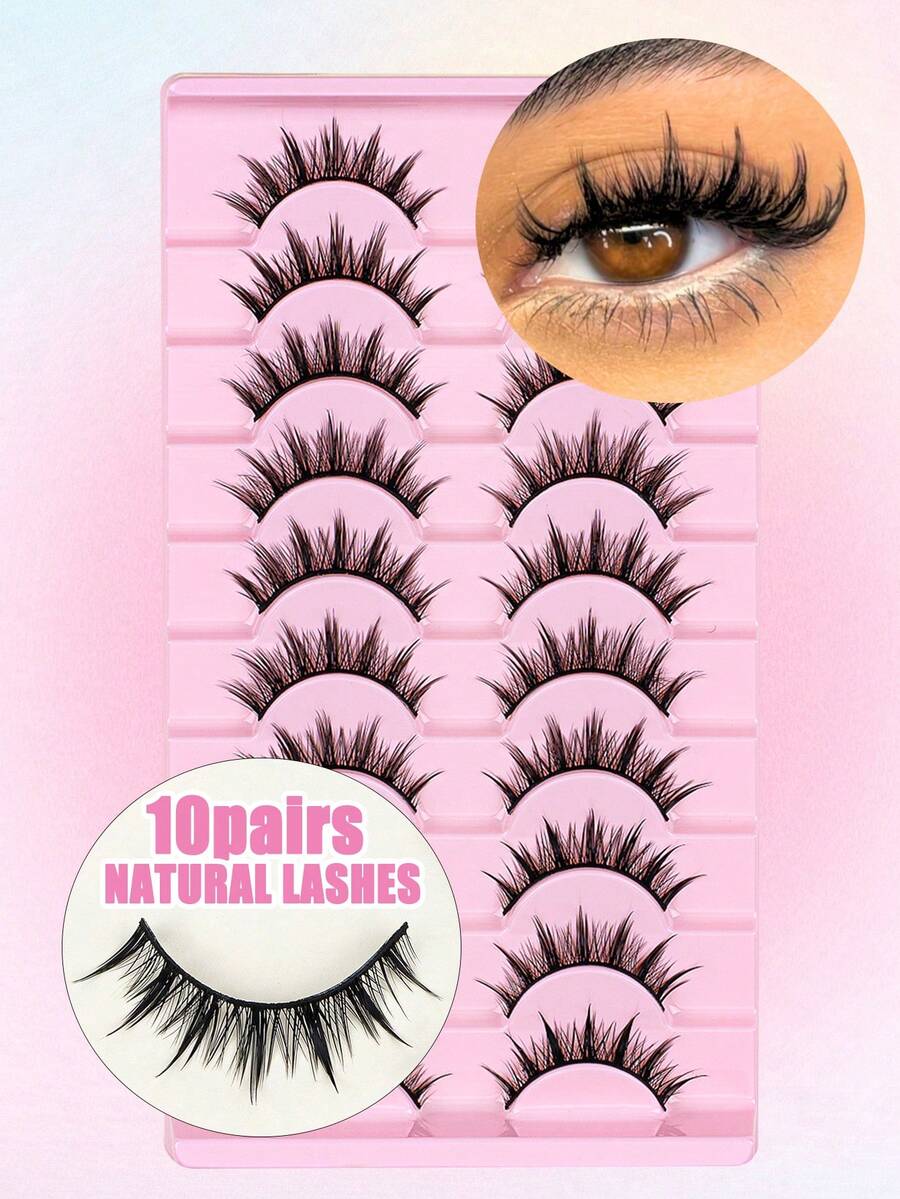 10 Pairs Cartoon Style Natural Lightweight False Eyelashes - Soft Faux Mink Cat Eye Shape, Create Daily Natural Makeup Look - Reusable, Comfortable, Beginner-Friendly False Eyelashes - Black - View 1