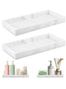 1pc Bathroom Tray, White Marble Rectangular Decorative Tray, Vanity Bathroom Storage Tray, Bathtub, Kitchen Sink, Bathroom Storage Tray