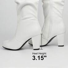 Women's Black White Fall Winter Chunky High-Heel Side Zip Knee High Boots - White - View 3