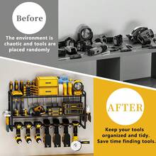 Heavy-Duty Metal Wall-Mounted Power Tool Storage Rack With Charging Station - All-In-One Tool Organizer With Drill Holders, Battery Storage & Charging Station, Space-Saving Garage Workshop Shelf For Cordless Drills, Batteries, Wrenches, Screwdrivers - Ideal Gift For Men, Boyfriend (Birthday, Valentine'S Day, New Year Gifts) - Durable Metal Construction, Tool Rack For Garage, Workshop, Home Organization, Wall Mounted Tool Organizer, Tool Rack, Tool Holder Wall Mount, Garage