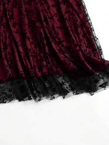 大码花卉植绒网纱A字裙，优雅女士春季半身裙 - 酒紅色 - 查看 10
