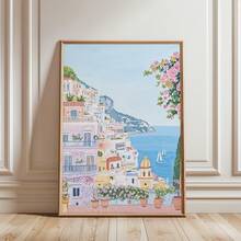 1pc, Canvas Framed Wall Art, Positano Coast Artwork, Pink Villa Decorative Painting, Mediterranean Style Decor, Italian Coastal Scenery, Folk Art Style, Spring Wall Art, Fashionable Home Decor, Room Decor, Bedroom Decor, Dormitory Decor, Living Room Decor