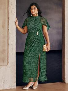 Vestido maxi elegante de talla grande para mujer con capa brillante de unicolor, manga tipo capa, decoración metálica en la cintura y abertura en el bajo, ideal para eventos de noche, fiestas de cumpleaños, invitada de boda, vestido verde de Navidad