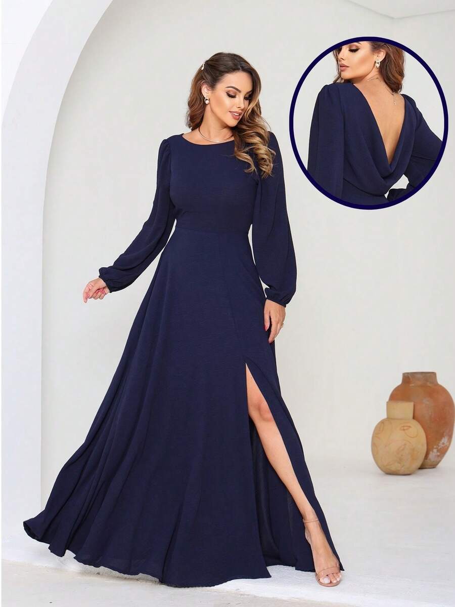 Juliana NM Nana Marie Elegant Long Dress Open Back Long Sleeve Formal Bridesmaid Dress - 藏蓝色 - 查看 1