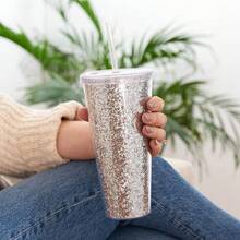 Glam Silver Vaso de doble pared con purpurina de 24 onzas por Blush |   Reutilizable, a prueba de fugas, viajes, plástico transparente, delgado, de café helado con sello de silicona, tapa atornillada y pajita - Plateado - Ver 6