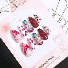24pcs Pink Flower Press On Nails Medium Almond Nails With 3D Pearl Designs Cute Floral False Nails Kit Flowers Acrylic Nail Tips Full Cover Stick On Nails Women Nail Art Decoration - 萬聖節-17 - 查看 13