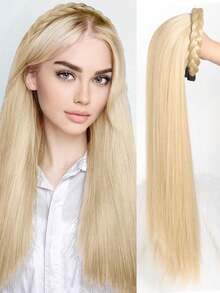 合成长发女半假发，头箍假发女长发一体直发半全头套卷发鱼骨辫假发片，适合女性日常度假佩戴 - 彩色 - 查看 16