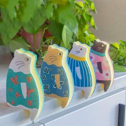 1 szt. gąbkowa szczotka z mikrofibry w kształcie uroczego kota z kreskówki – wielofunkcyjne narzędzie do czyszczenia kuchni, łazienki i mebli – delikatne dla powierzchni i łatwe w użyciu