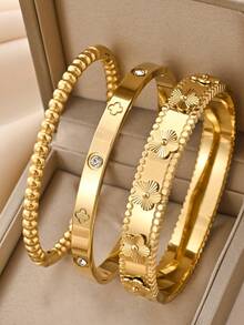 3 件/套 18K 金色金属四叶花和三叶草不锈钢手链，多层镶嵌水钻手镯，适合日常佩戴、休闲、送给爱人、朋友、亲戚、派对、海滩、婚礼、音乐节的礼物 - 金色 - 查看 6