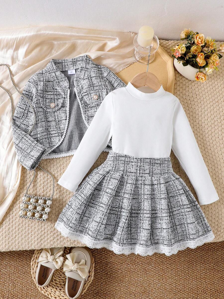 3 pièces Ensemble fille comprenant : veste longue élégante à fleurs et dentelle, Top à manches longues de couleur unie, et jupe. Automne/Hiver